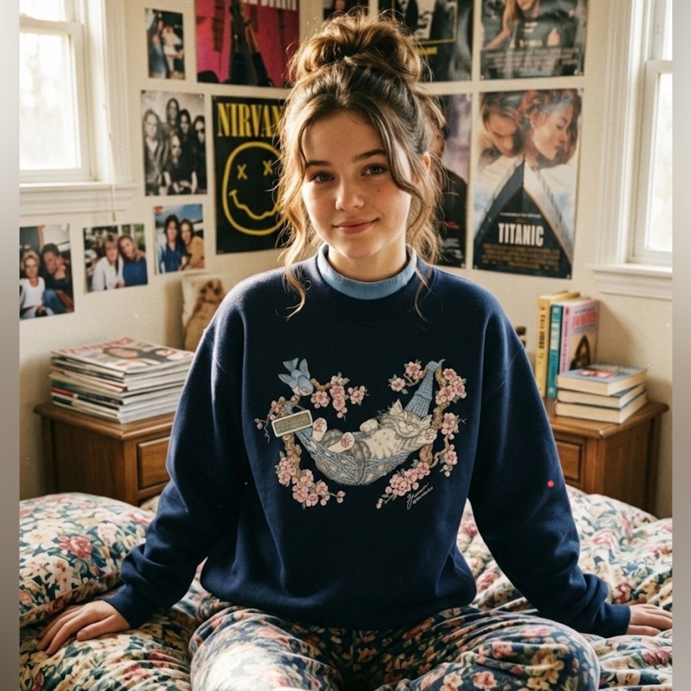 Morning Sun Vintage 90s Graphic Crewneck Sweater Floral & Cat Print Size Large